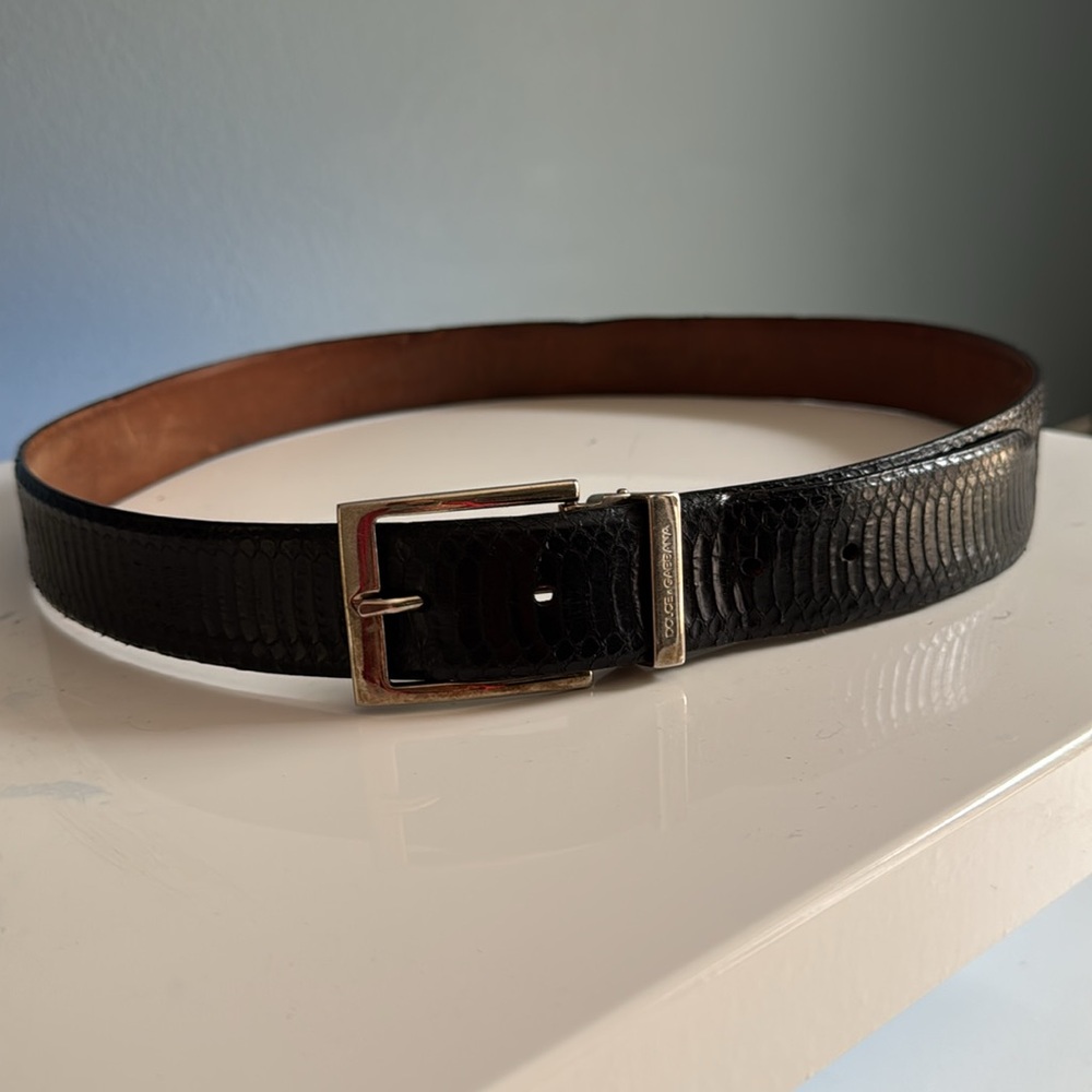 Dolce & Gabbana Leather Belt | Black Embossed | Gold-Tone Buckle | 44 in